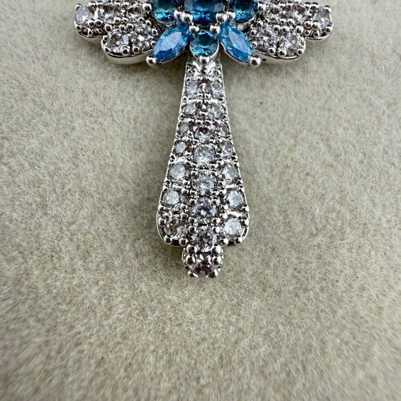 Silver-Tone Cross Pendant With Blue & Clear Cubic Zirconia Accents - Picture 2 of 7